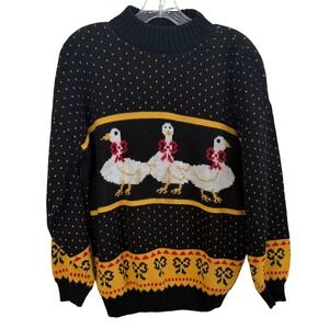 VTG Private Eyes Goose Sweater Made USA Black Novelty‎ Knit Cozy Winter L